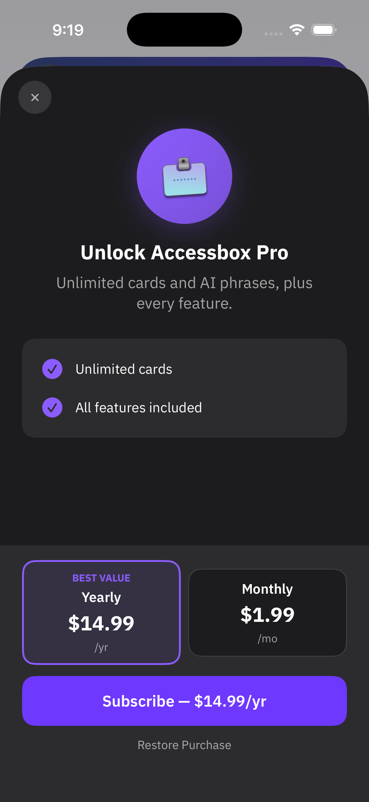 The Unlock Accessbox Pro prompt as shown in the beta, listing Yearly and Monthly options
